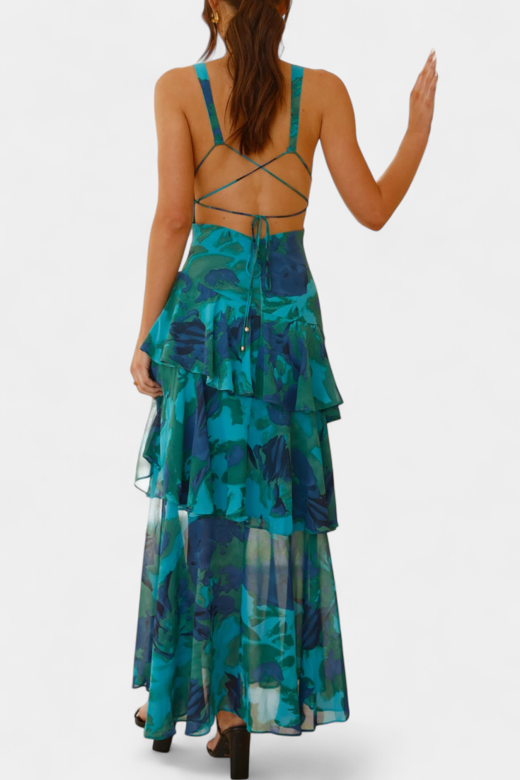 Domenica Vestido de Gasa con Escote en V y Capas Fluídas