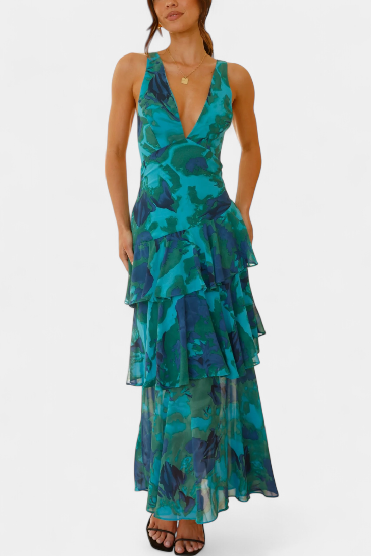 Domenica Vestido de Gasa con Escote en V y Capas Fluídas