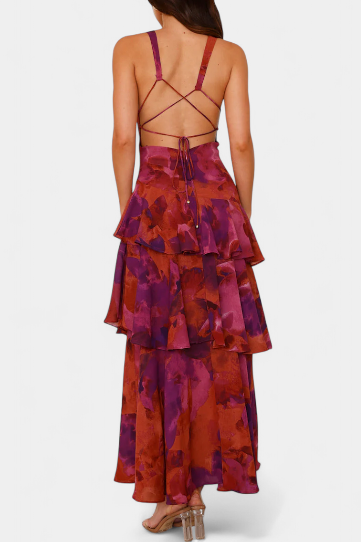 Domenica Vestido de Gasa con Escote en V y Capas Fluídas