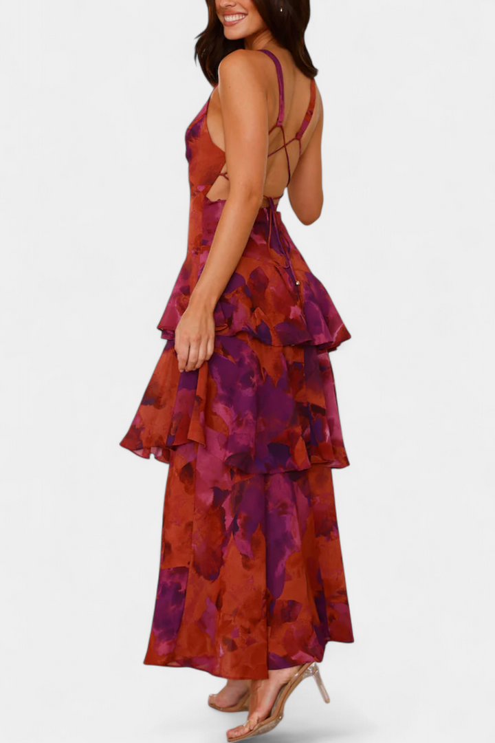 Domenica Vestido de Gasa con Escote en V y Capas Fluídas