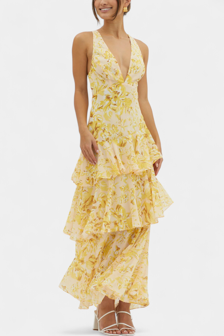 Domenica Vestido de Gasa con Escote en V y Capas Fluídas