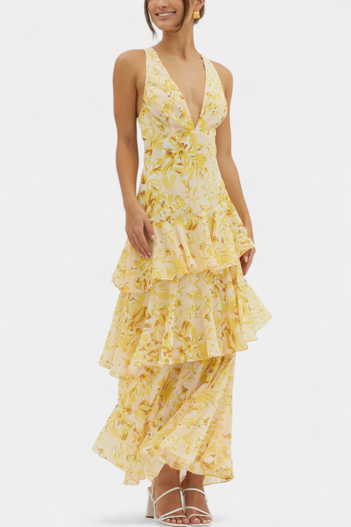 Domenica Vestido de Gasa con Escote en V y Capas Fluídas