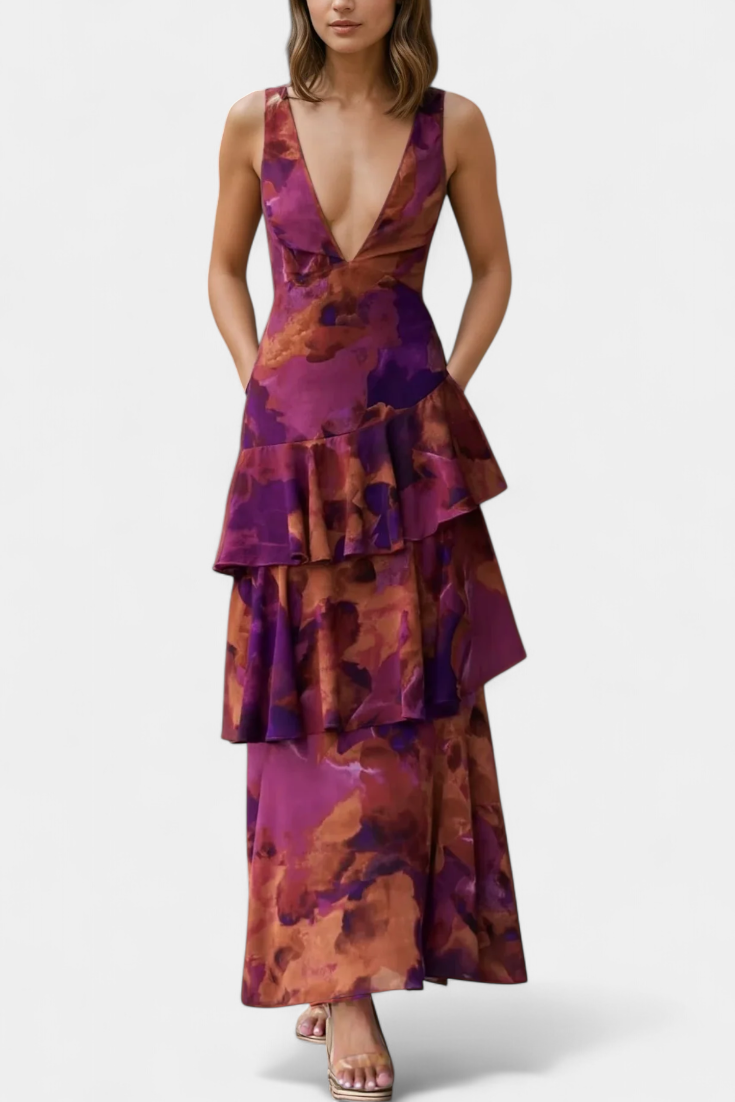 Domenica Vestido de Gasa con Escote en V y Capas Fluídas