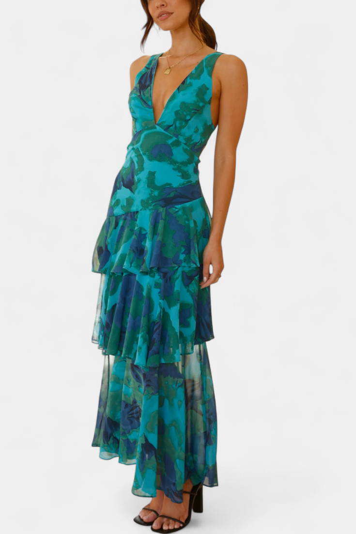 Domenica Vestido de Gasa con Escote en V y Capas Fluídas